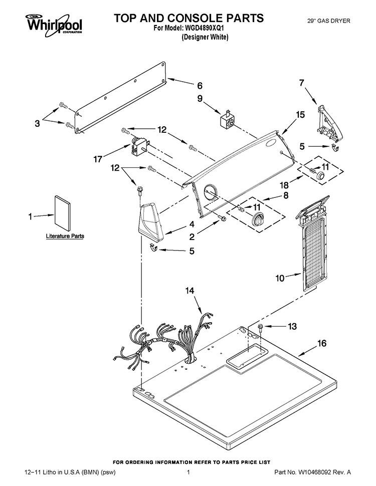 TOP AND CONSOLE PARTS Diagram and Parts List for WGD4890XQ1  Whirlpool Dryer