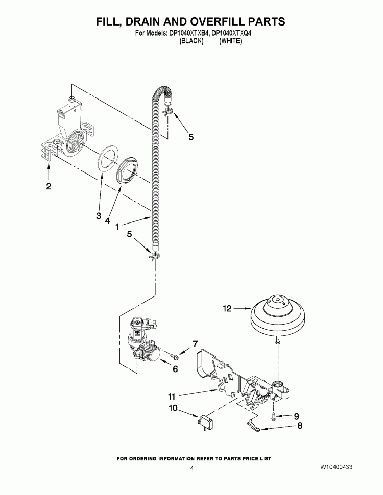FILL, DRAIN AND OVERFILL PARTS Diagram and Parts List for DP1040XTXB4  Whirlpool Dishwasher