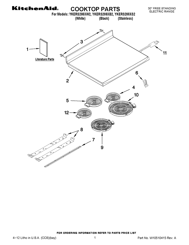 COOKTOP PARTS Diagram and Parts List for YKERS208XB2  KitchenAid Range