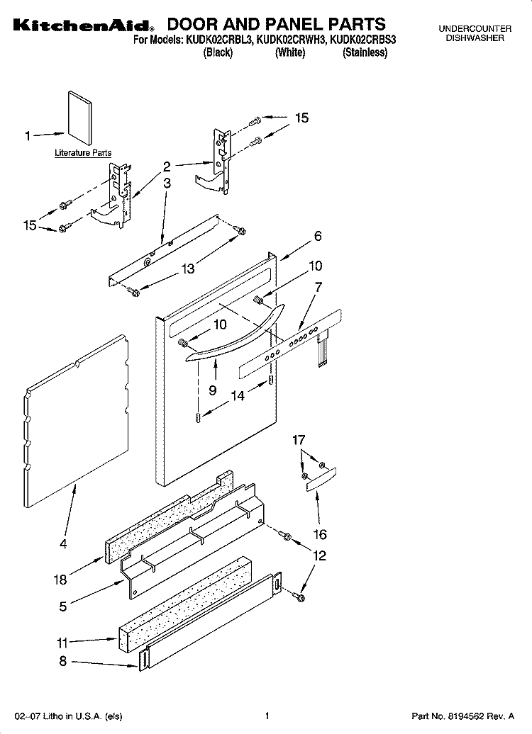 DOOR AND PANEL PARTS Diagram and Parts List for KUDK02CRWH3  KitchenAid Dishwasher