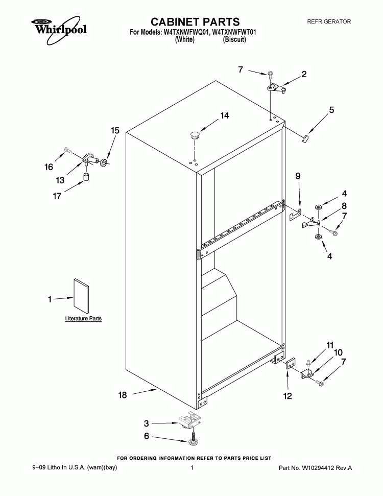 CABINET PARTS Diagram and Parts List for W4TXNWFWT01  Whirlpool Refrigerator