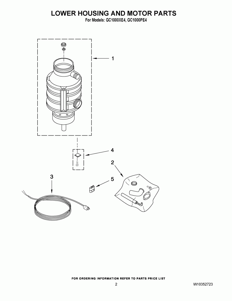 LOWER HOUSING AND MOTOR PARTS Diagram and Parts List for GC1000XE4  Whirlpool Food Waste Disposer