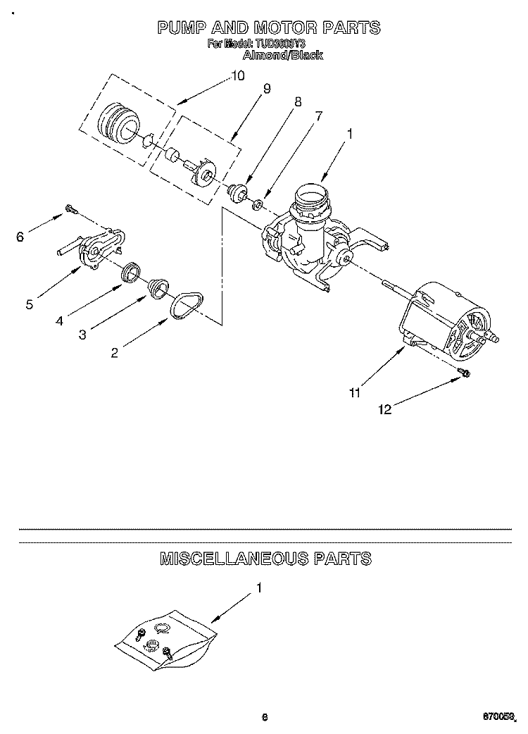PUMP AND MOTOR, MISCELLANEOUS Diagram and Parts List for TUD3000Y3  Whirlpool Dishwasher