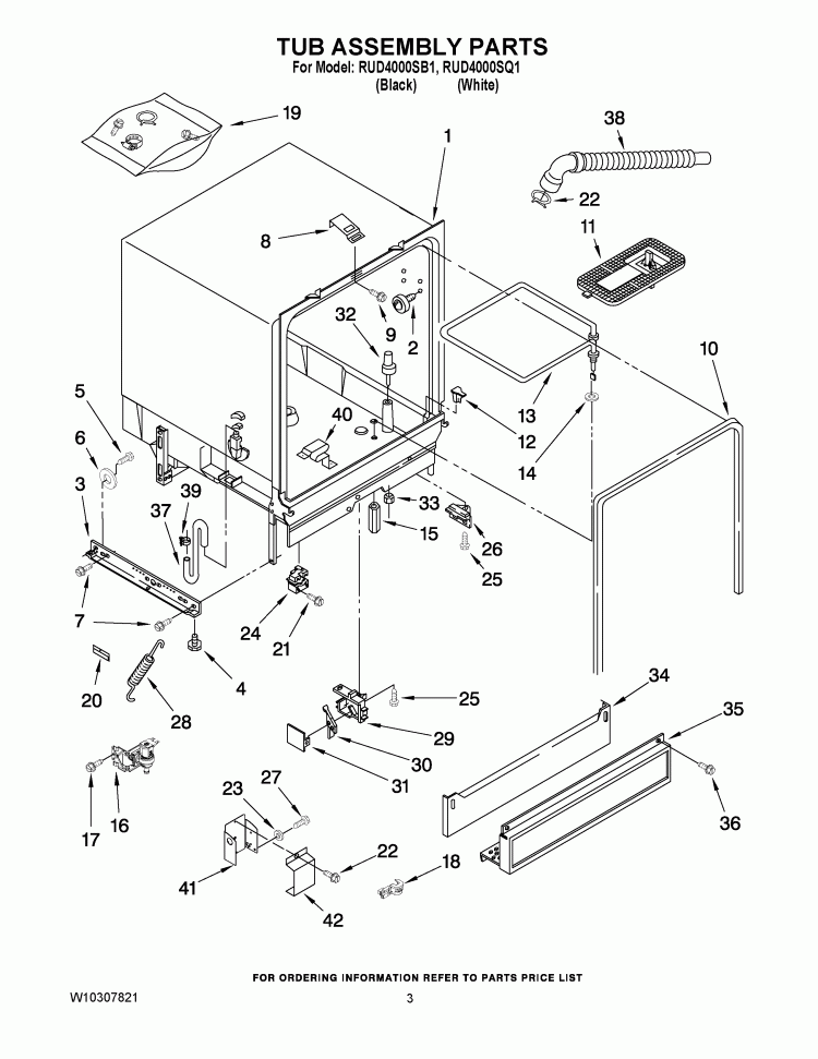 TUB ASSEMBLY PARTS Diagram and Parts List for RUD4000SQ1  Roper Dishwasher