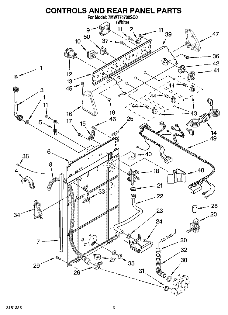 CONTROLS AND REAR PANEL PARTS Diagram and Parts List for 7MWT74700SQ0  Whirlpool Washer