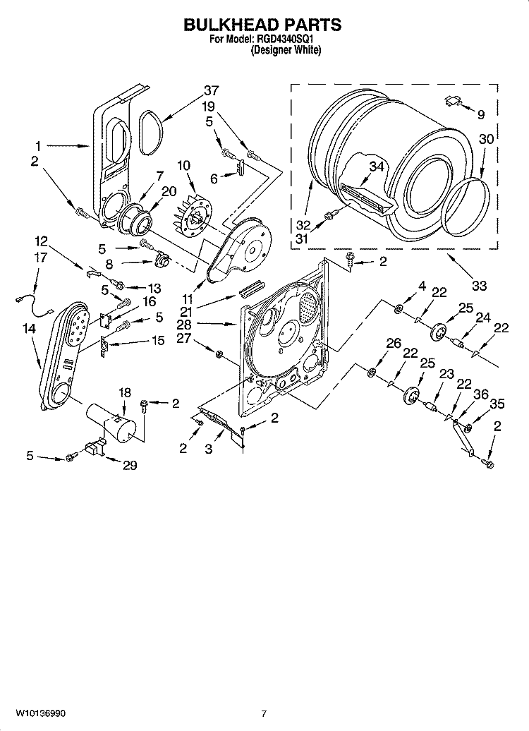 BULKHEAD PARTS, OPTIONAL PARTS (NOT INCLUDED) Diagram and Parts List for RGD4340SQ1  Roper Dryer