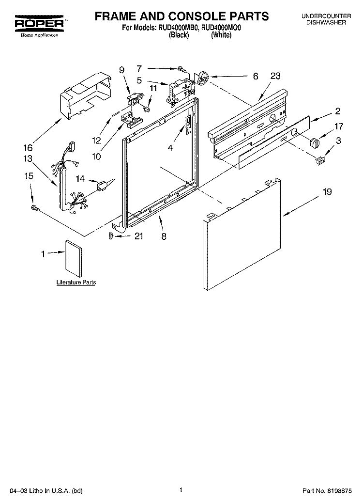 FRAME AND CONSOLE PARTS Diagram and Parts List for RUD4000MQ0  Roper Dishwasher
