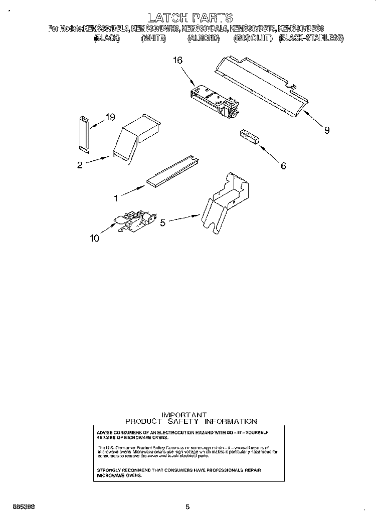 LATCH Diagram and Parts List for KEMS307DBS6  KitchenAid Microwave Oven Combo