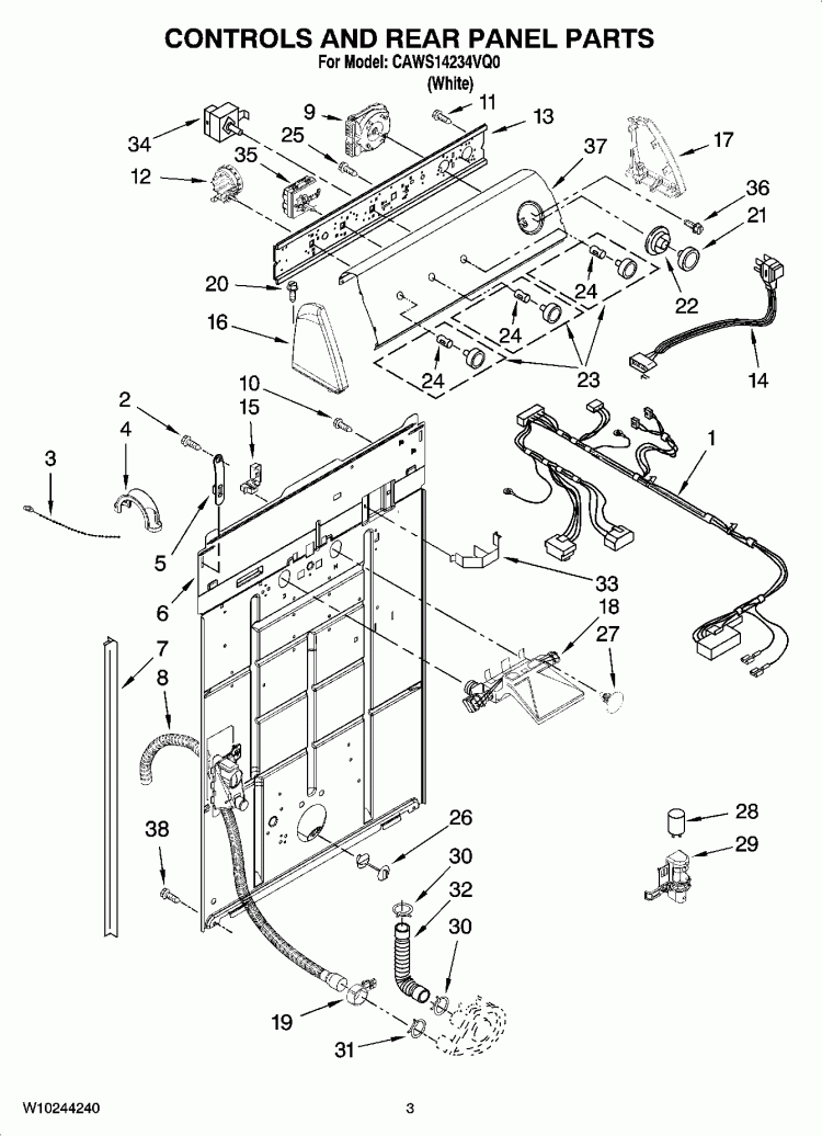 CONTROLS AND REAR PANEL PARTS Diagram and Parts List for CAWS14234VQ0  Crosley Washer