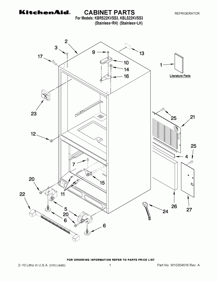 CABINET PARTS Diagram and Parts List for KBRS22KVSS3  KitchenAid Refrigerator