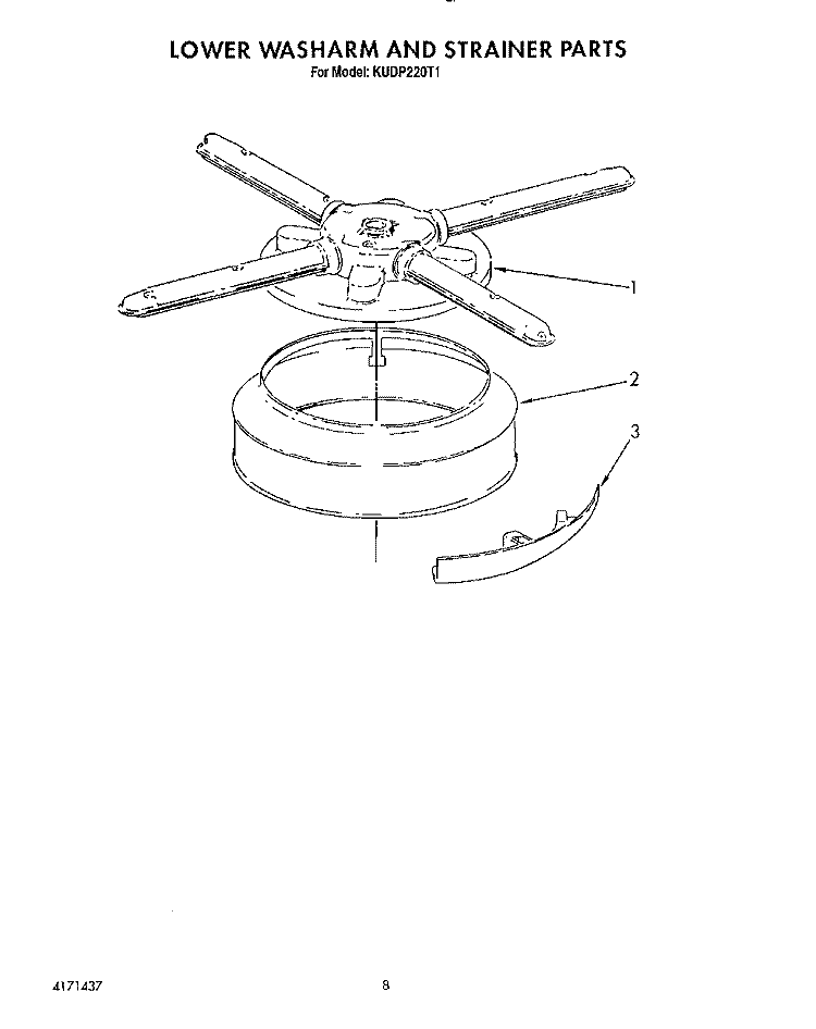 LOWER WASHARM AND STRAINER Diagram and Parts List for KUDP220T1  KitchenAid Dishwasher