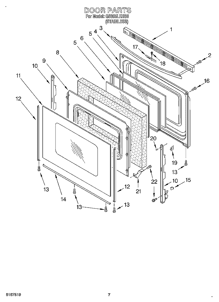 DOOR Diagram and Parts List for GS395LEHS6  Whirlpool Range