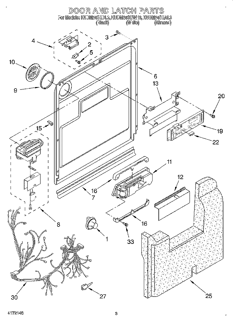 DOOR AND LATCH Diagram and Parts List for KUDM24SEWH3  KitchenAid Dishwasher