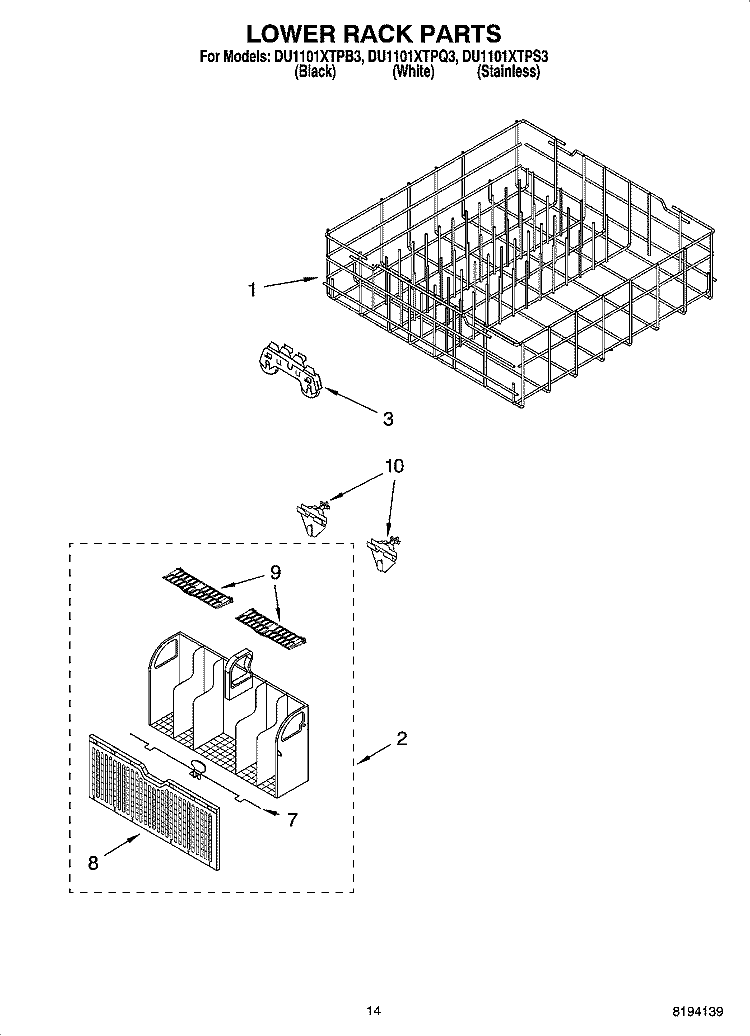 LOWER RACK PARTS, OPTIONAL PARTS (NOT INCLUDED) Diagram and Parts List for DU1101XTPS3  Whirlpool Dishwasher