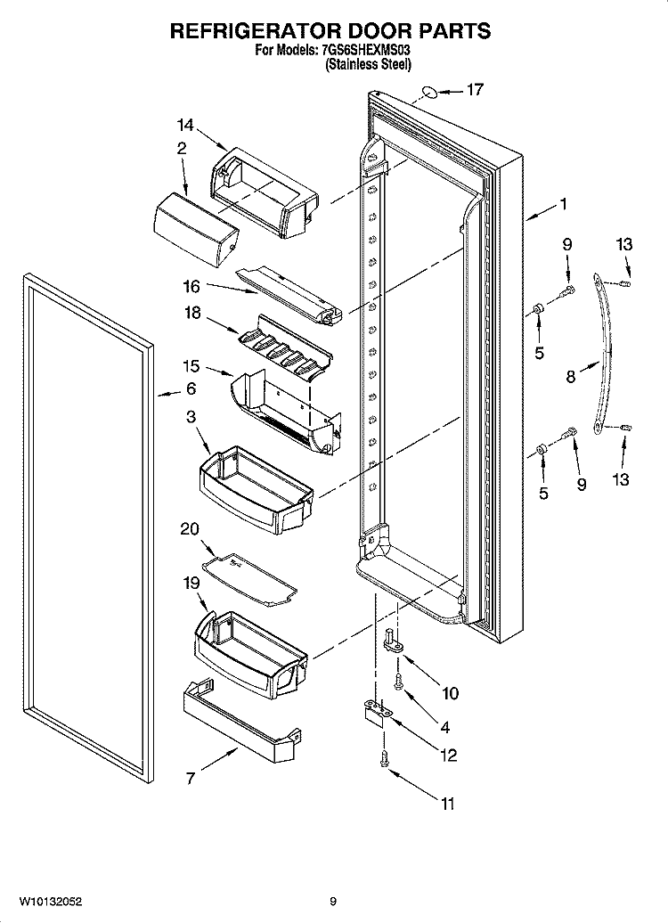 REFRIGERATOR DOOR PARTS Diagram and Parts List for 7GS6SHEXMS03  Whirlpool Refrigerator