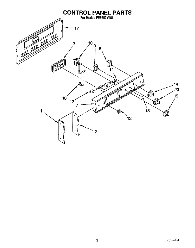 CONTROL PANEL Diagram and Parts List for FEP350YL0  Roper Range