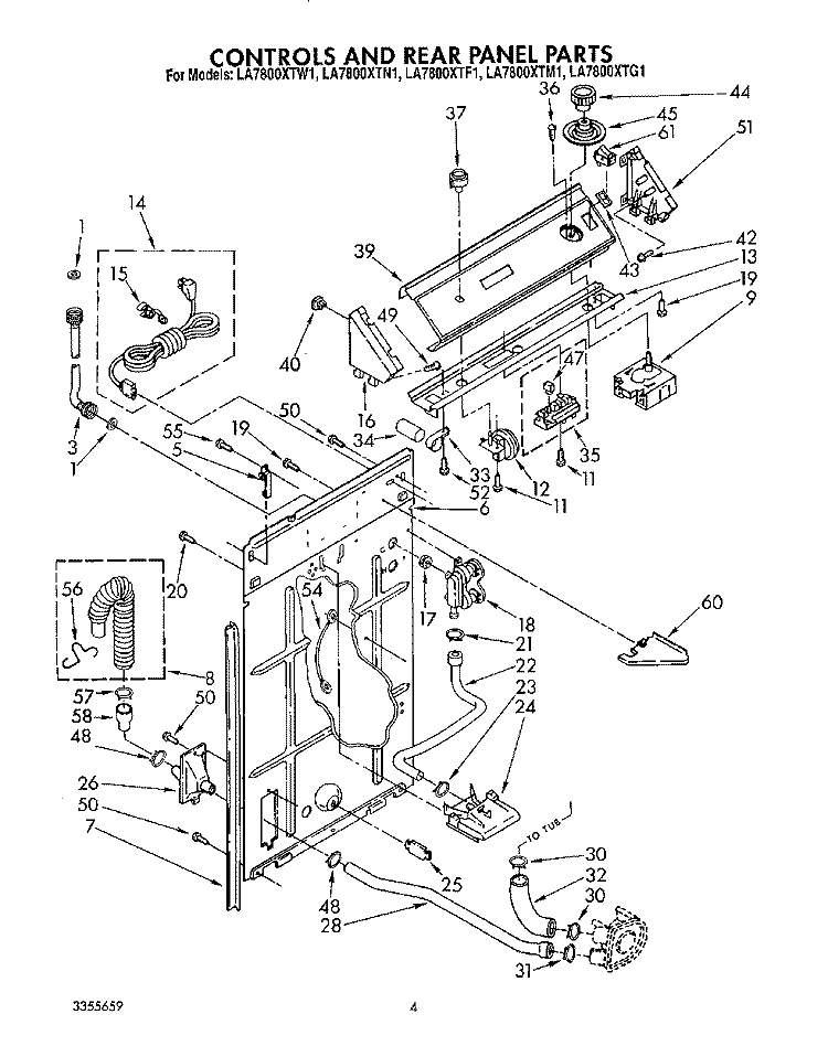 CONTROLS AND REAR PANEL Diagram and Parts List for LA7800XTM1  Whirlpool Washer
