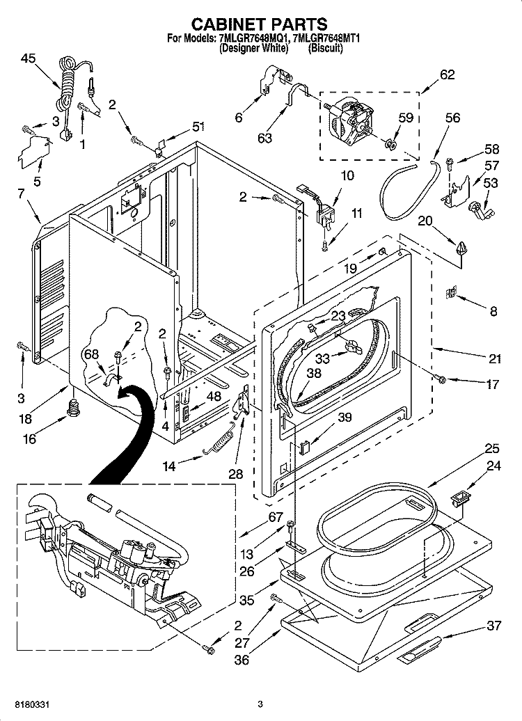 CABINET PARTS Diagram and Parts List for 7MLGR7648MT1  Whirlpool Dryer