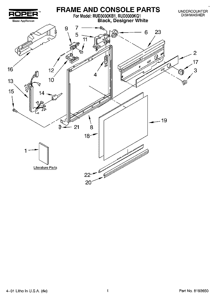 FRAME AND CONSOLE, LITERATURE Diagram and Parts List for RUD3000KB1  Roper Dishwasher