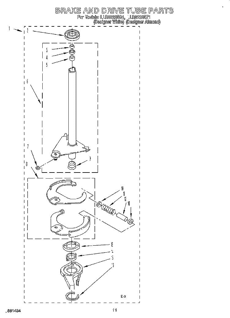 BRAKE AND DRIVE TUBE Diagram and Parts List for LLR8233EQ1  Whirlpool Washer