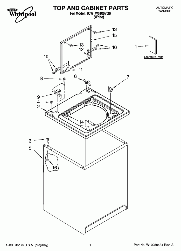 TOP AND CABINET PARTS Diagram and Parts List for 1CWTW5100VQ0  Whirlpool Washer