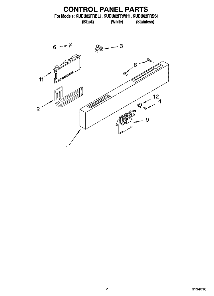 CONTROL PANEL PARTS Diagram and Parts List for KUDU02FRSS1  KitchenAid Dishwasher