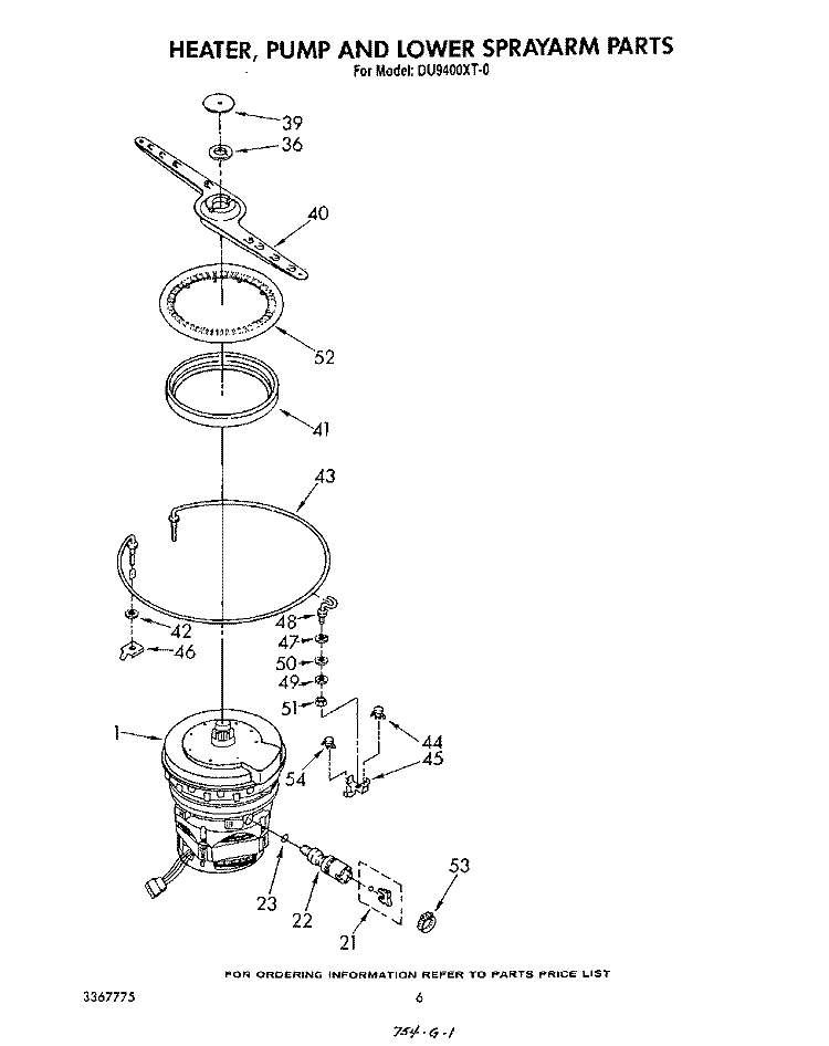 HEATER, PUMP AND LOWER SPRAY ARM Diagram and Parts List for DU9400XT0  Whirlpool Dishwasher
