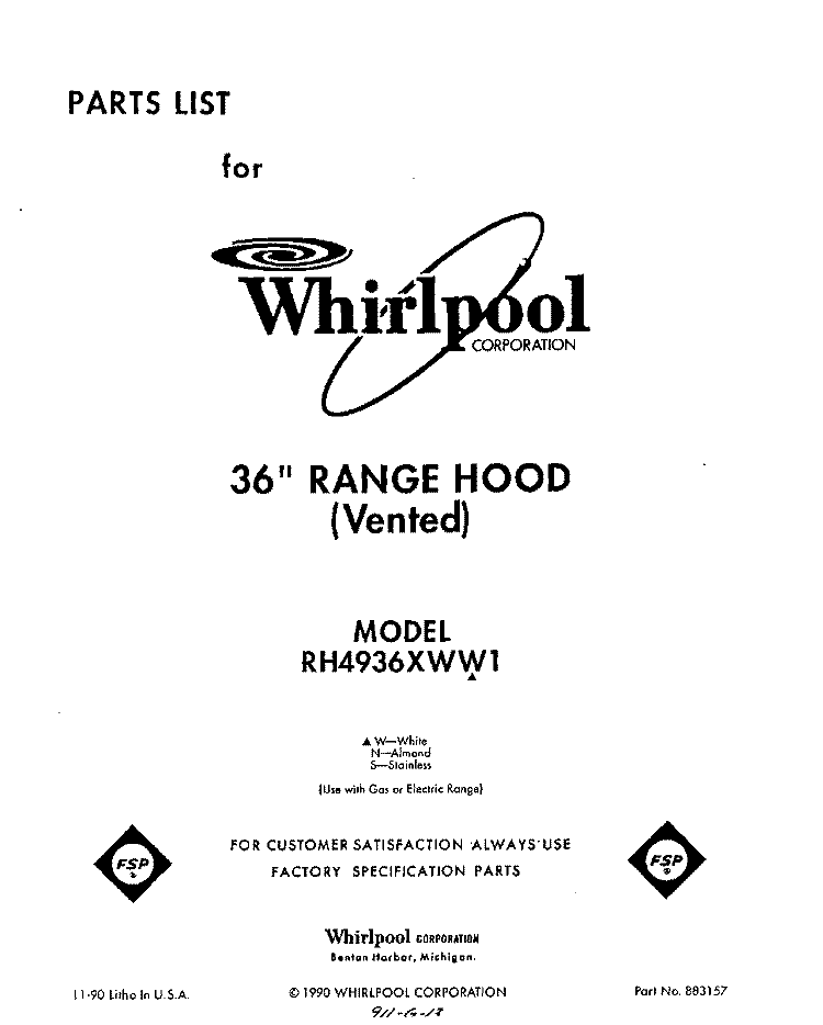 SECTION Diagram and Parts List for RH4936XWN1  Whirlpool Range Hood