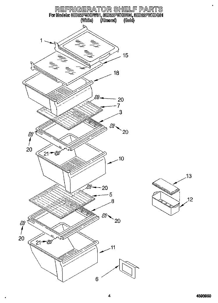 REFRIGERATOR SHELF Diagram and Parts List for 8ED22PWXDG01  Whirlpool Refrigerator