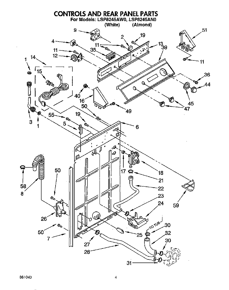 CONTROLS AND REAR PANEL Diagram and Parts List for LSP8245AW0  Whirlpool Washer