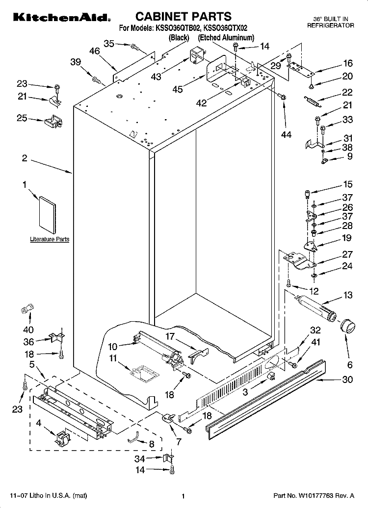 CABINET PARTS Diagram and Parts List for KSSO36QTX02  KitchenAid Refrigerator