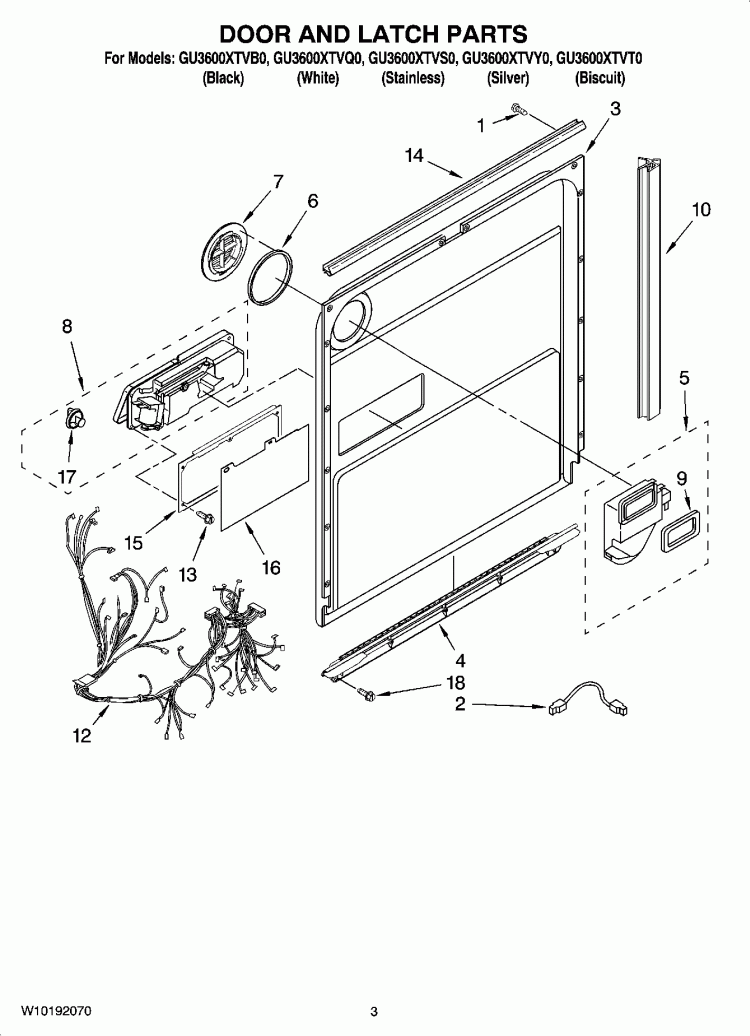 DOOR AND LATCH PARTS Diagram and Parts List for GU3600XTVS0  Whirlpool Dishwasher