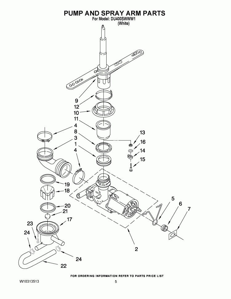 PUMP AND SPRAY ARM PARTS Diagram and Parts List for DU400SWWW1  Whirlpool Dishwasher