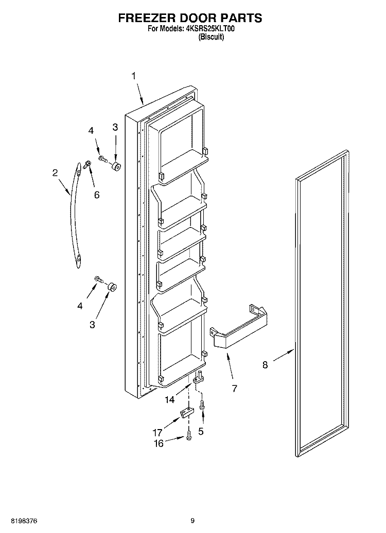 FREEZER DOOR Diagram and Parts List for 4KSRS25KLT00  KitchenAid Refrigerator