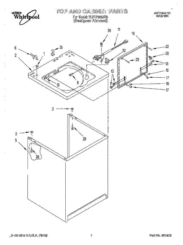 TOP AND CABINET Diagram and Parts List for 7LSR7233HZ0  Whirlpool Washer