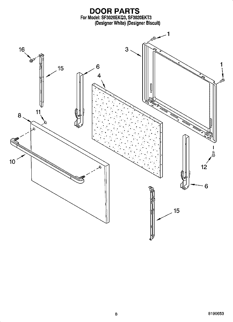 DOOR PARTS, MISCELLANEOUS PARTS Diagram and Parts List for SF3020EKT3  Whirlpool Range