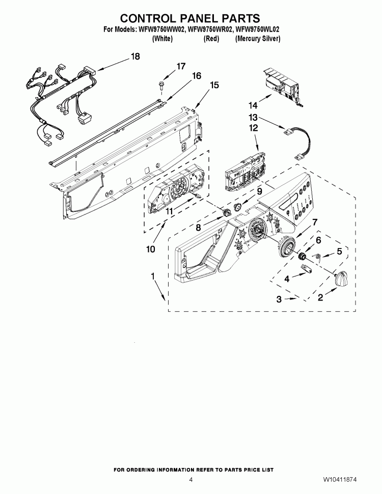 CONTROL PANEL PARTS Diagram and Parts List for WFW9750WL02  Whirlpool Washer