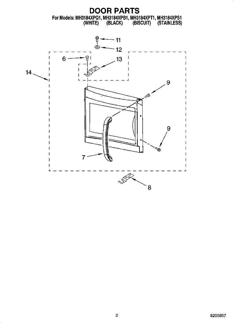 DOOR PARTS Diagram and Parts List for MH3184XPB1  Whirlpool Microwave