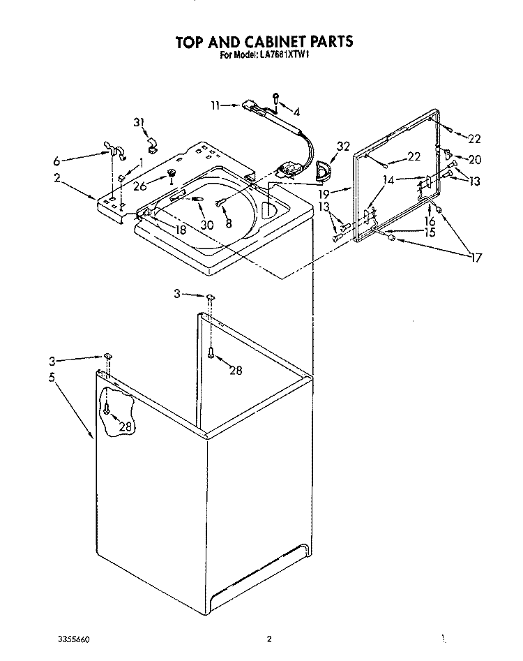TOP AND CABINET, LIT/OPTIONAL Diagram and Parts List for LA7680XTM1  Whirlpool Washer
