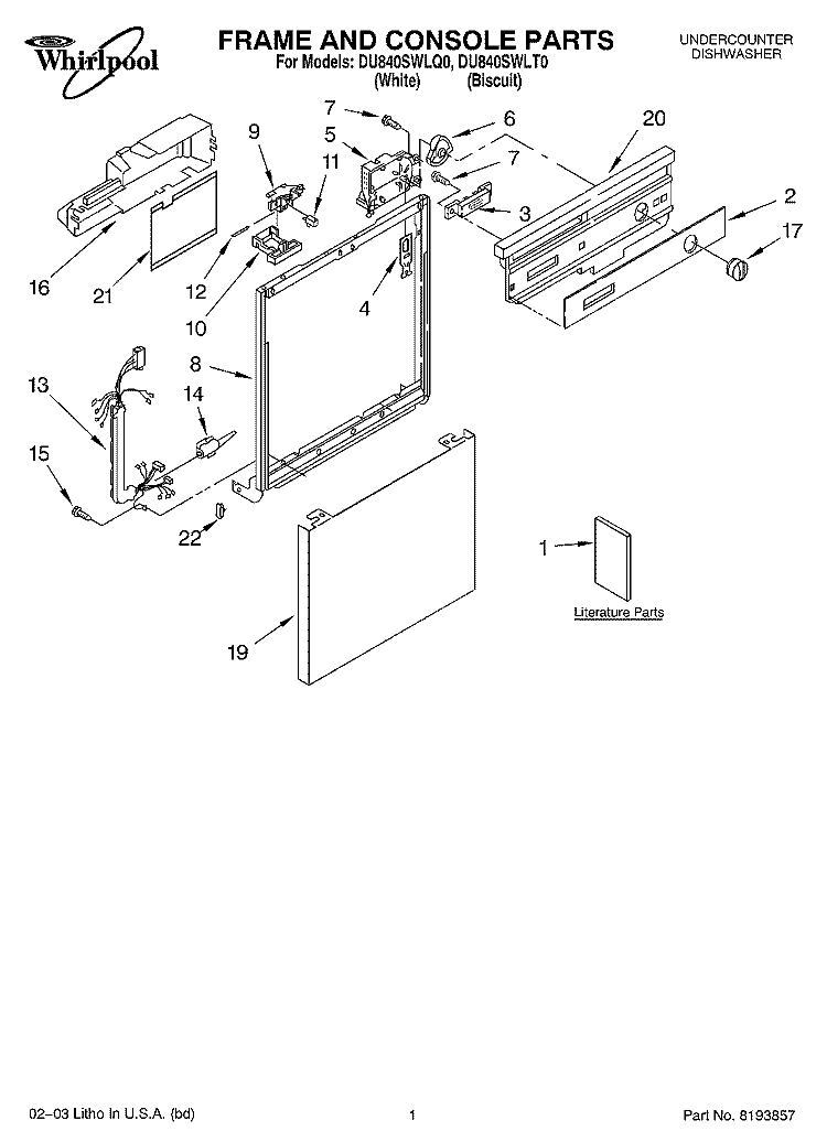 FRAME AND CONSOLE PARTS Diagram and Parts List for DU840SWLQ0  Whirlpool Dishwasher