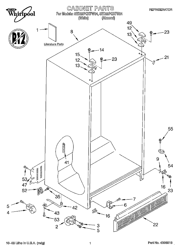 CABINET, LITERATURE Diagram and Parts List for 8ED22PQXFW04  Whirlpool Refrigerator