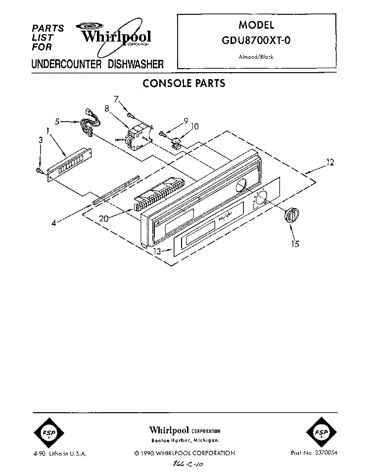 CONSOLE Diagram and Parts List for GDU8700XT0  Whirlpool Dishwasher