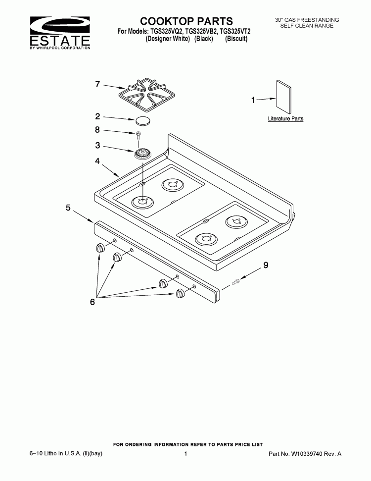 COOKTOP PARTS Diagram and Parts List for TGS325VB2  Estate Range