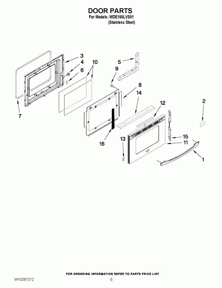 DOOR PARTS Diagram and Parts List for WDE150LVS01  Whirlpool Range