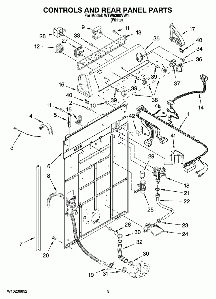 CONTROLS AND REAR PANEL PARTS Diagram and Parts List for WTW5300VW1  Whirlpool Washer
