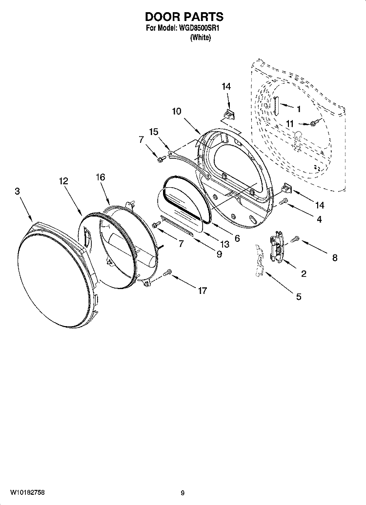 DOOR PARTS, OPTIONAL PARTS (NOT INCLUDED) Diagram and Parts List for WGD8500SR1  Whirlpool Dryer
