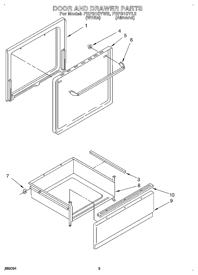 DOOR AND DRAWER Diagram and Parts List for FEP310YL2  Whirlpool Range