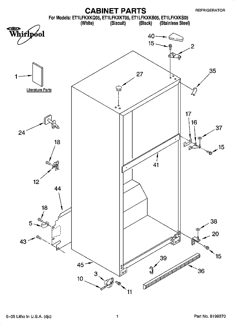 CABINET PARTS Diagram and Parts List for ET1LFKXKS05  Whirlpool Refrigerator