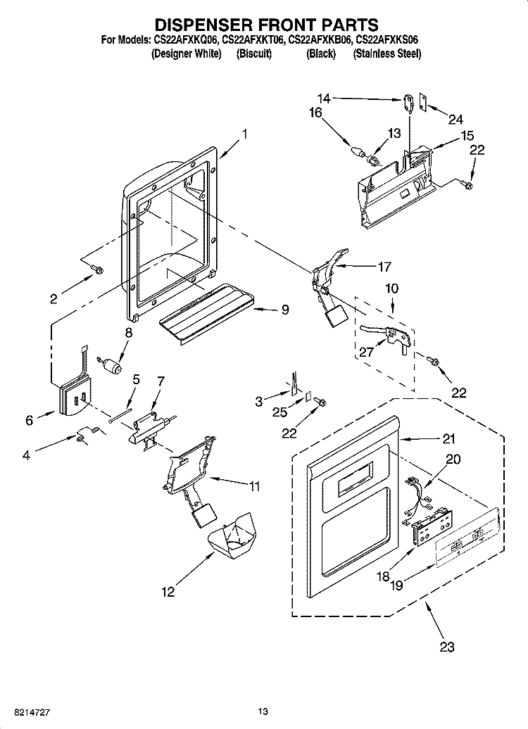 DISPENSER FRONT PARTS Diagram and Parts List for CS22AFXKS06  Crosley Refrigerator