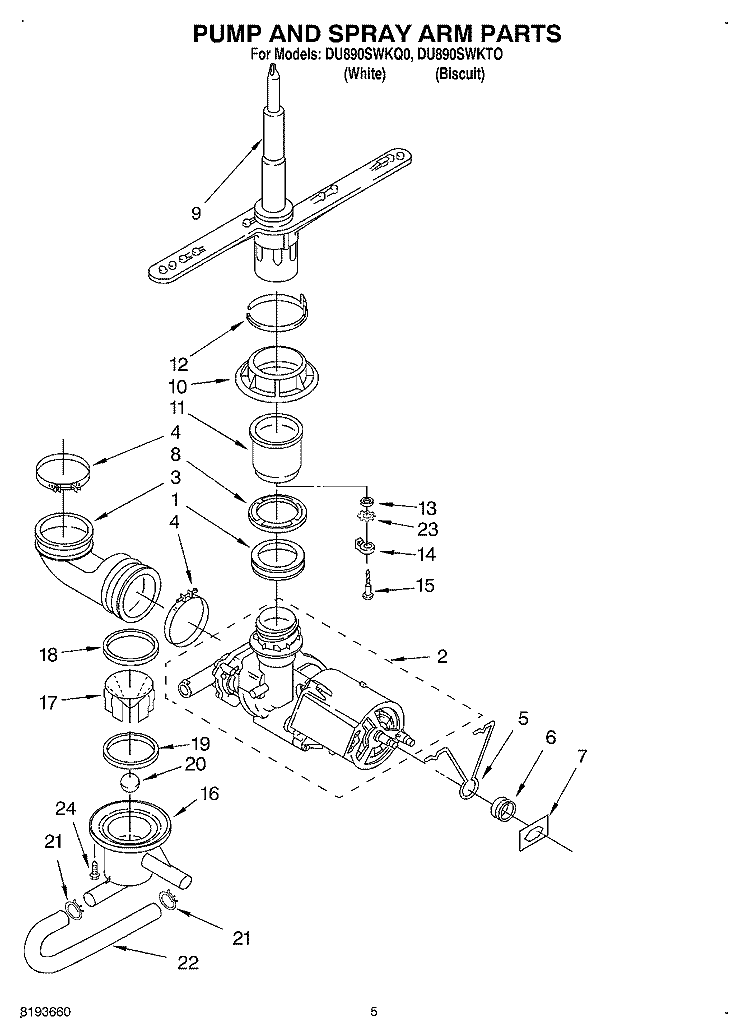 PUMP AND SPRAY ARM Diagram and Parts List for DU890SWKT0  Whirlpool Dishwasher